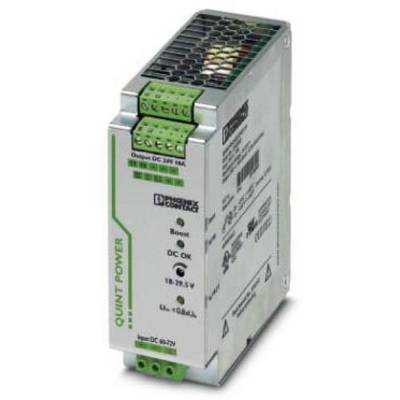 Un alimentatore switching di Phoenix Contact della serie Quint Power con specifiche tecniche sul lato frontale, adatto per DC 24V.