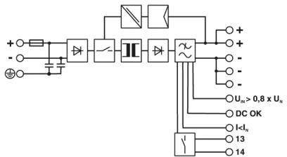Schema elettrico di un sistema che mostra il flusso di corrente mediante simboli di raddrizzatori, filtri e transistor.