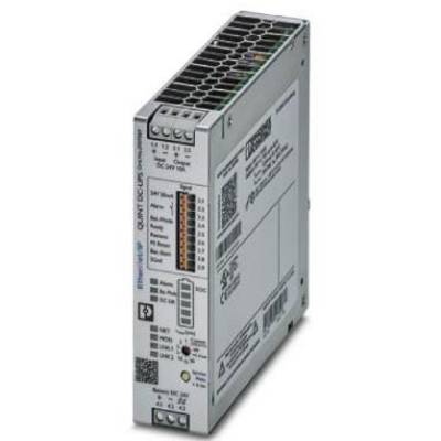 Alimentatore industriale, etichettato con 'QUINT DC-UPS'. Mostra morsetti per connessioni, LED di stato e adesivo con specifiche tecniche.