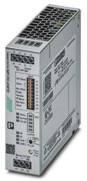 Unità di alimentazione industriale con griglia di ventilazione e numerosi morsetti di connessione sul lato frontale. Contiene specifiche tecniche.