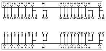 'Scheda elettrica con morsetti numerati da 1 a 48, che mostra i collegamenti tra i morsetti tramite linee continue.'
