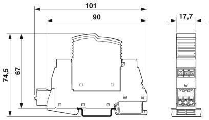 Disegno tecnico di un dispositivo elettrico con dimensioni: larghezza 101 mm, altezza 74,5 mm, profondità 17,7 mm. Vista frontale e laterale.