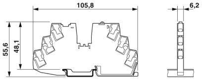 Disegno tecnico di un morsetto elettrico con le seguenti dimensioni: larghezza 105,8 mm, altezza 55,6 mm, profondità 6,2 mm.