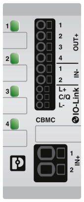 Modulo Io-Link con quattro indicatori LED verdi, marcature numeriche e connessioni per ingressi e uscite, etichettato 'CBMC'.
