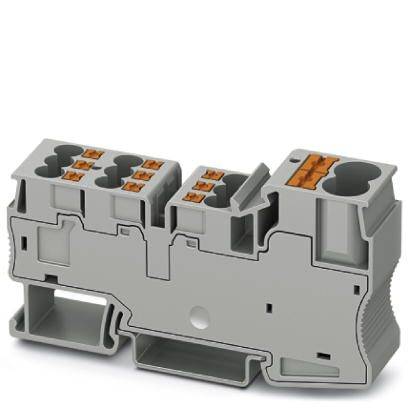 Un blocco connettore grigio multistrato con diversi punti di connessione. Utilizzato principalmente per installazioni elettriche.