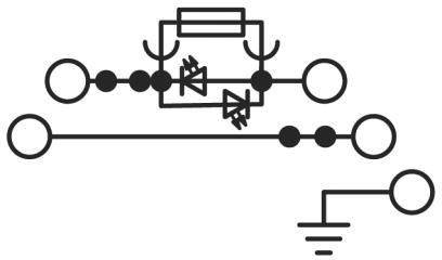 Simbolo di commutazione per un raddrizzatore a due diodi, rappresentato tra due linee. Un'altra linea conduce a terra.