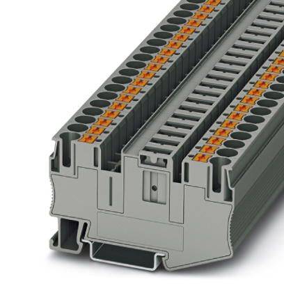 Morsettiera grigia per guida DIN con leve di azionamento arancioni e multiple postazioni di connessione per il cablaggio elettrico.