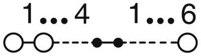 Diagramma con una linea tratteggiata, sette cerchi e tre punti nel mezzo. I numeri '1...4  1...6' sono in alto.