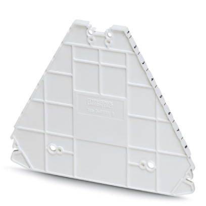 Un coperchio bianco triangolare in plastica con motivo a griglia e piccoli fori di fissaggio.