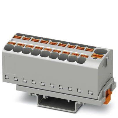 Blocco elettrico multipolare grigio con morsetti a leva arancioni, montabile su guida DIN.