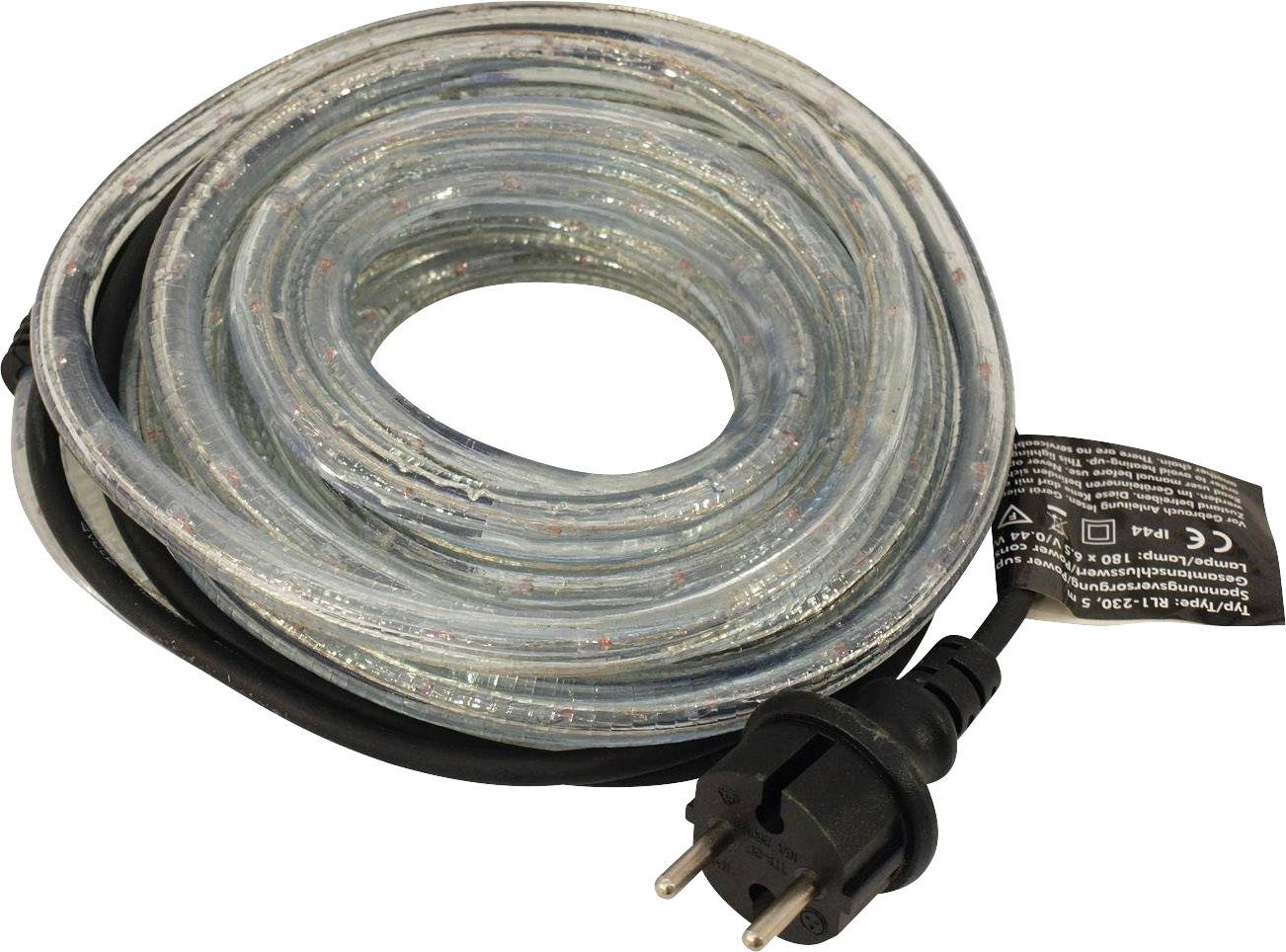 Un cavo di striscia LED arrotolato con spina EU e un'etichetta che mostra le specifiche tecniche.