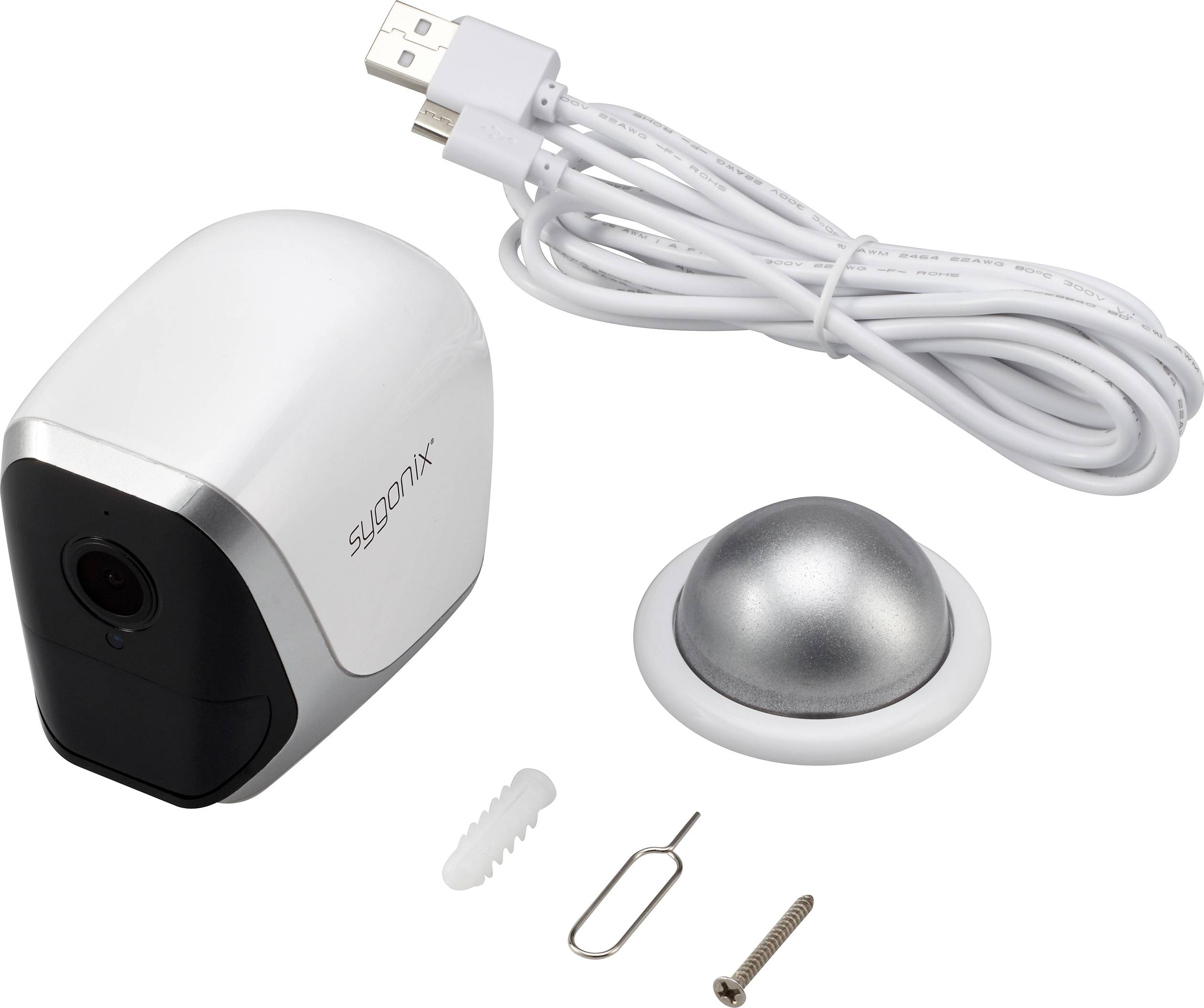 Una telecamera di sorveglianza bianca con accessori: cavo USB, supporto magnetico, tasselli, viti e strumento per SIM card.