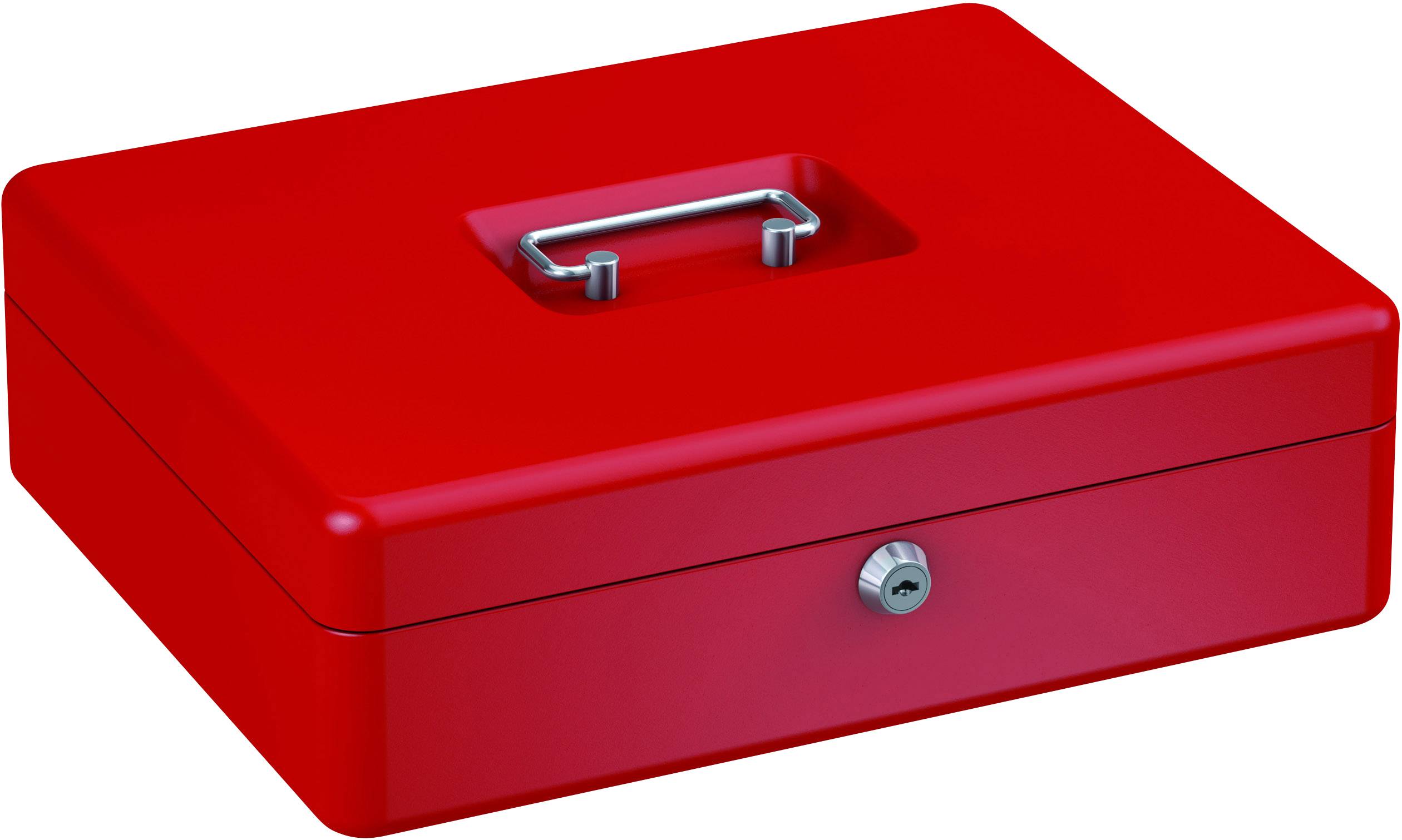 Cassetta portavalori rossa con manico e serratura a chiave sul lato frontale.