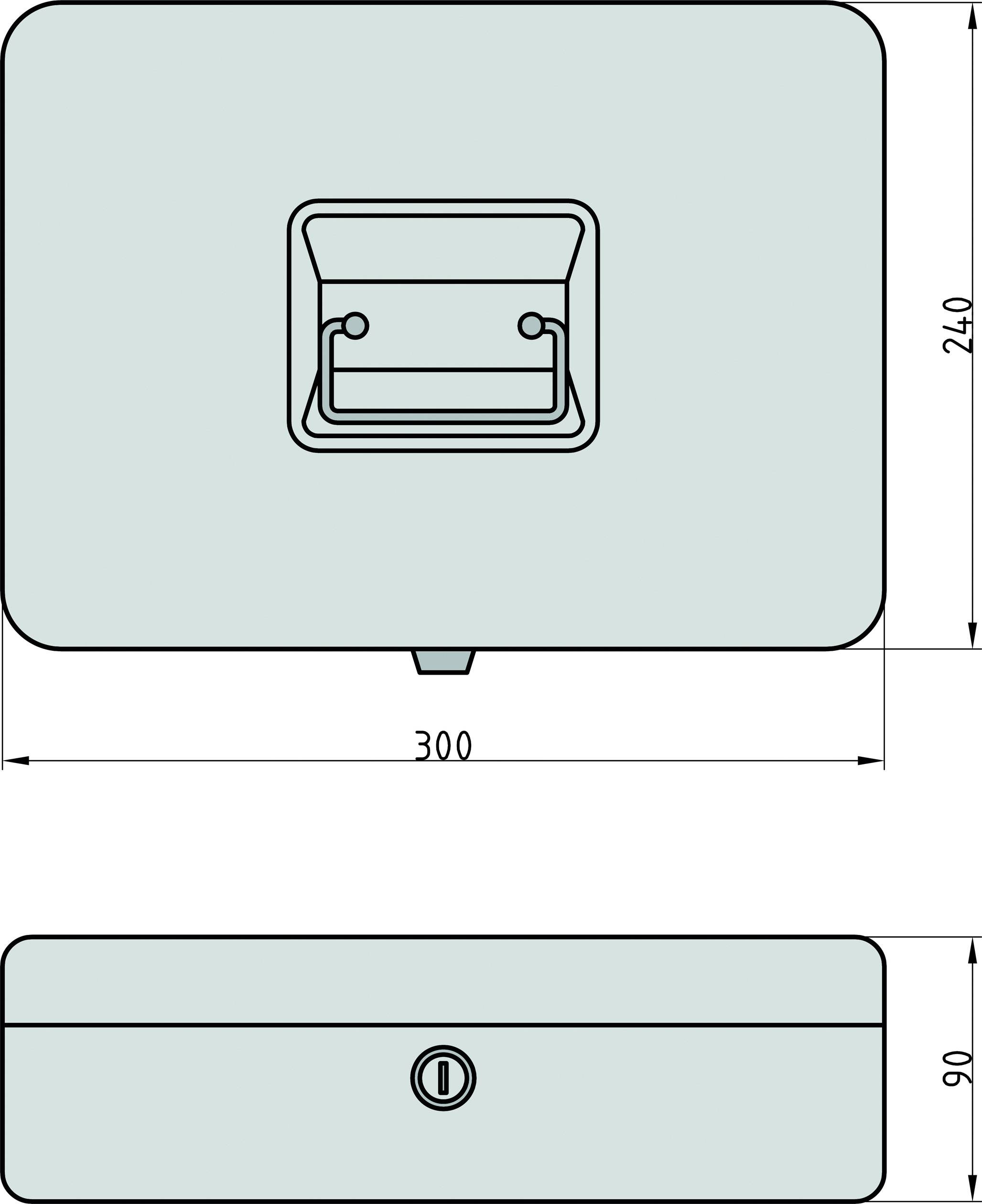 Disegno tecnico di un contenitore rettangolare con manico superiore e serratura anteriore. Dimensioni: 300 mm di larghezza, 240 mm di altezza, 90 mm di profondità.
