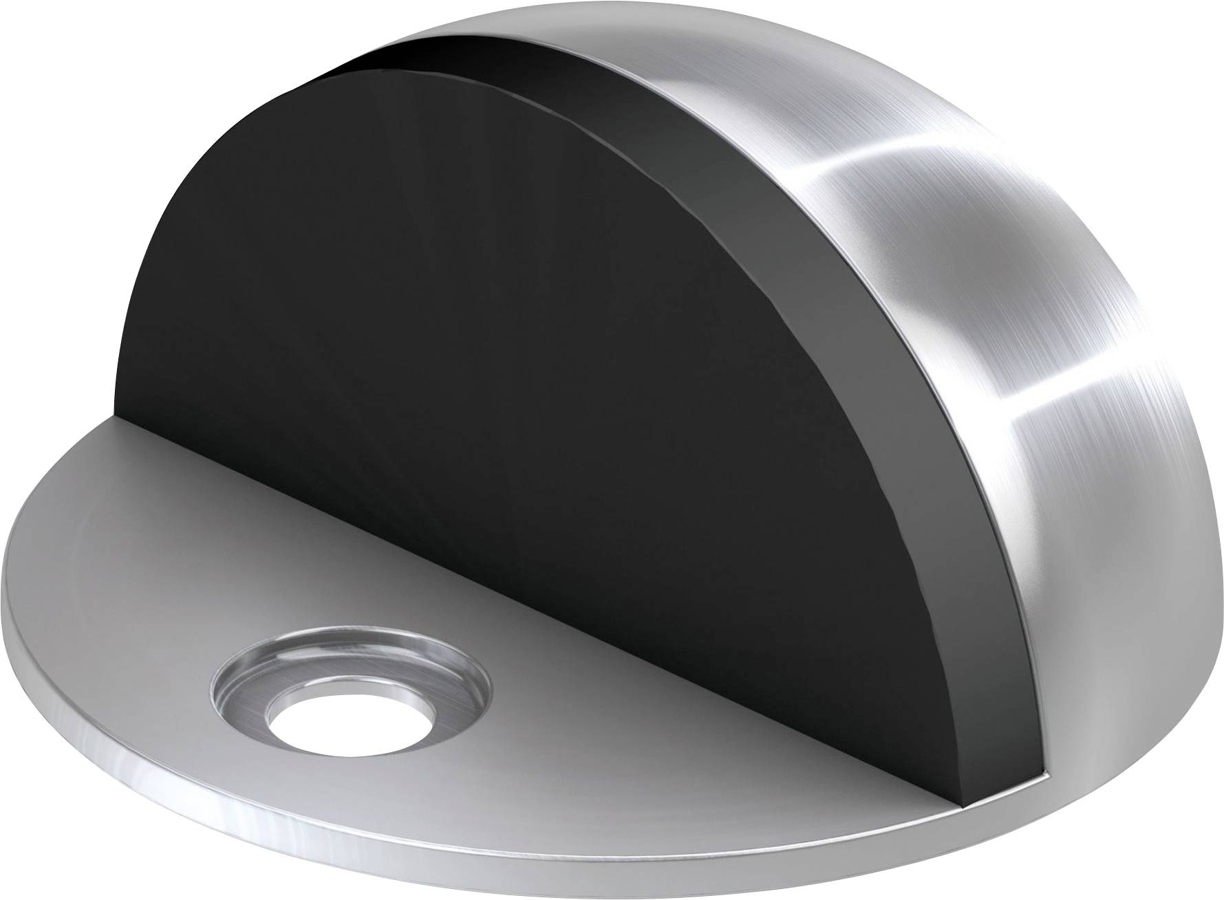 Un elemento fermaporta semicircolare in metallo lucido con tampone in gomma e foro per vite per il montaggio a pavimento.