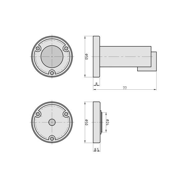 Disegno tecnico di un oggetto cilindrico con misure: diametro 65 mm, profondità 85 mm, vista laterale mostra lunghezza 77 mm.