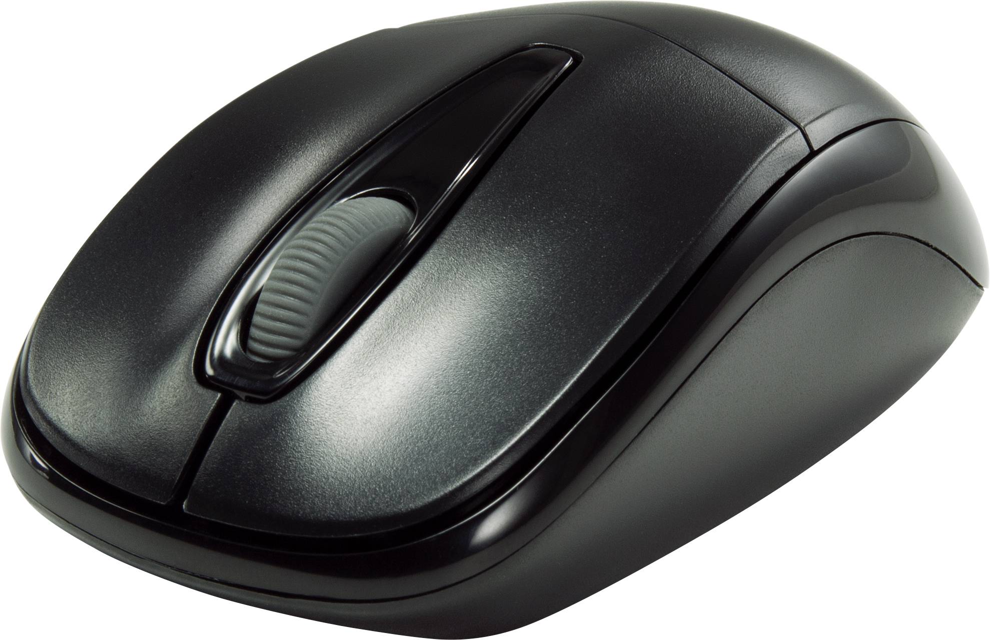 Un mouse nero wireless con due tasti e una rotella di scorrimento centrale.