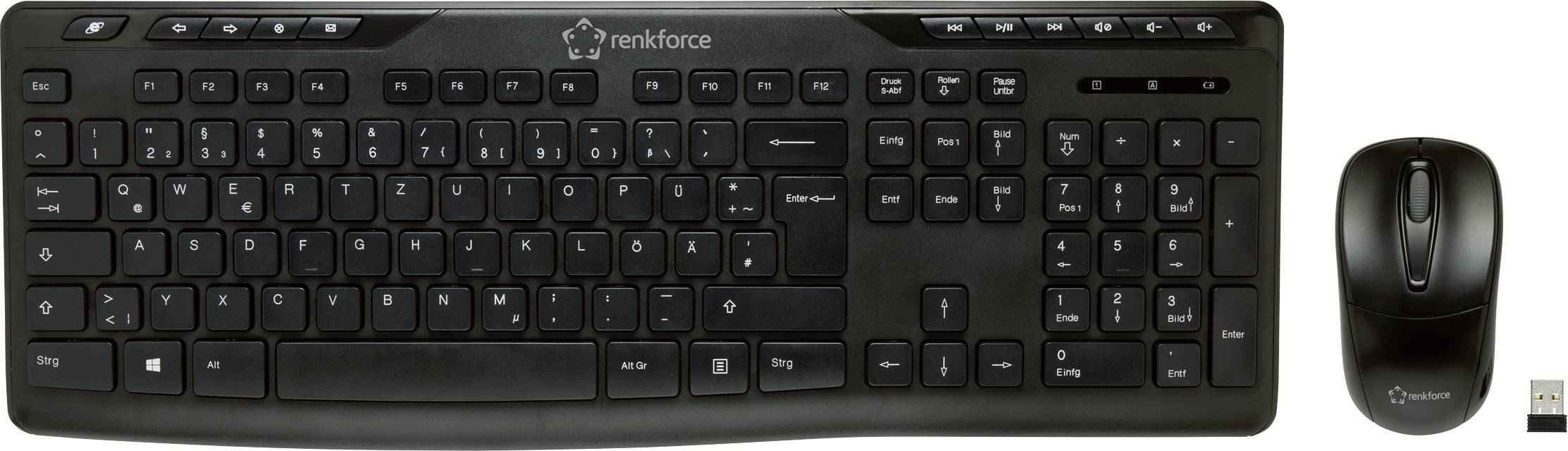 Tastiera nera per computer con tastierino numerico completo e adattatore, accanto a un mouse wireless nero. Marca: Renkforce.