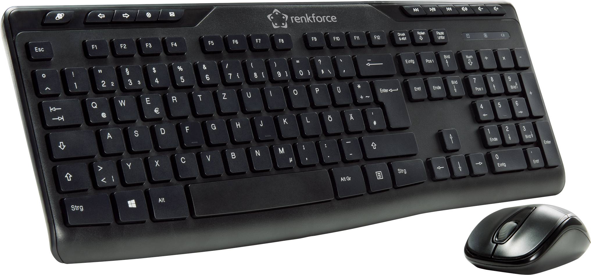 Tastiera wireless nera con layout tedesco e relativo mouse wireless, entrambi del marchio Renkforce.
