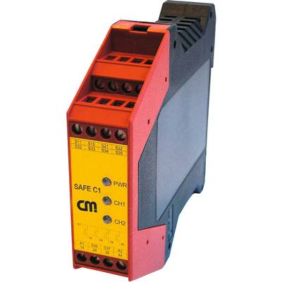 Un relè di sicurezza rosso di tipo 'SAFE C1' con più morsetti e indicatori LED per PWR, CH1, CH2 sul lato frontale.