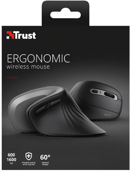 Trust VERRO Mouse ergonomico Senza fili (radio) Ottico Nero 5 Tasti 1600 dpi, 1200 dpi, 600 dpi Ergonomico-25