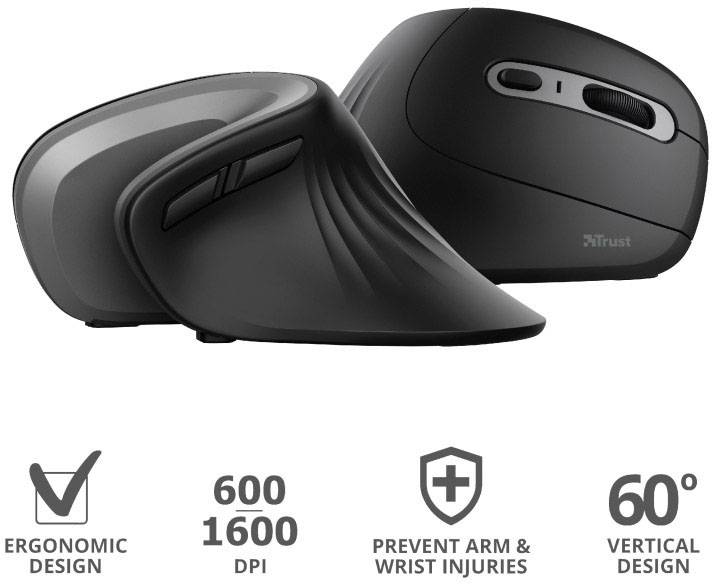 Trust VERRO Mouse ergonomico Senza fili (radio) Ottico Nero 5 Tasti 1600 dpi, 1200 dpi, 600 dpi Ergonomico-29