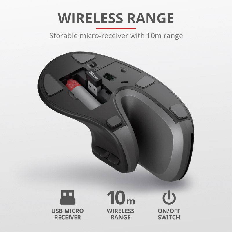 Trust VERRO Mouse ergonomico Senza fili (radio) Ottico Nero 5 Tasti 1600 dpi, 1200 dpi, 600 dpi Ergonomico-31