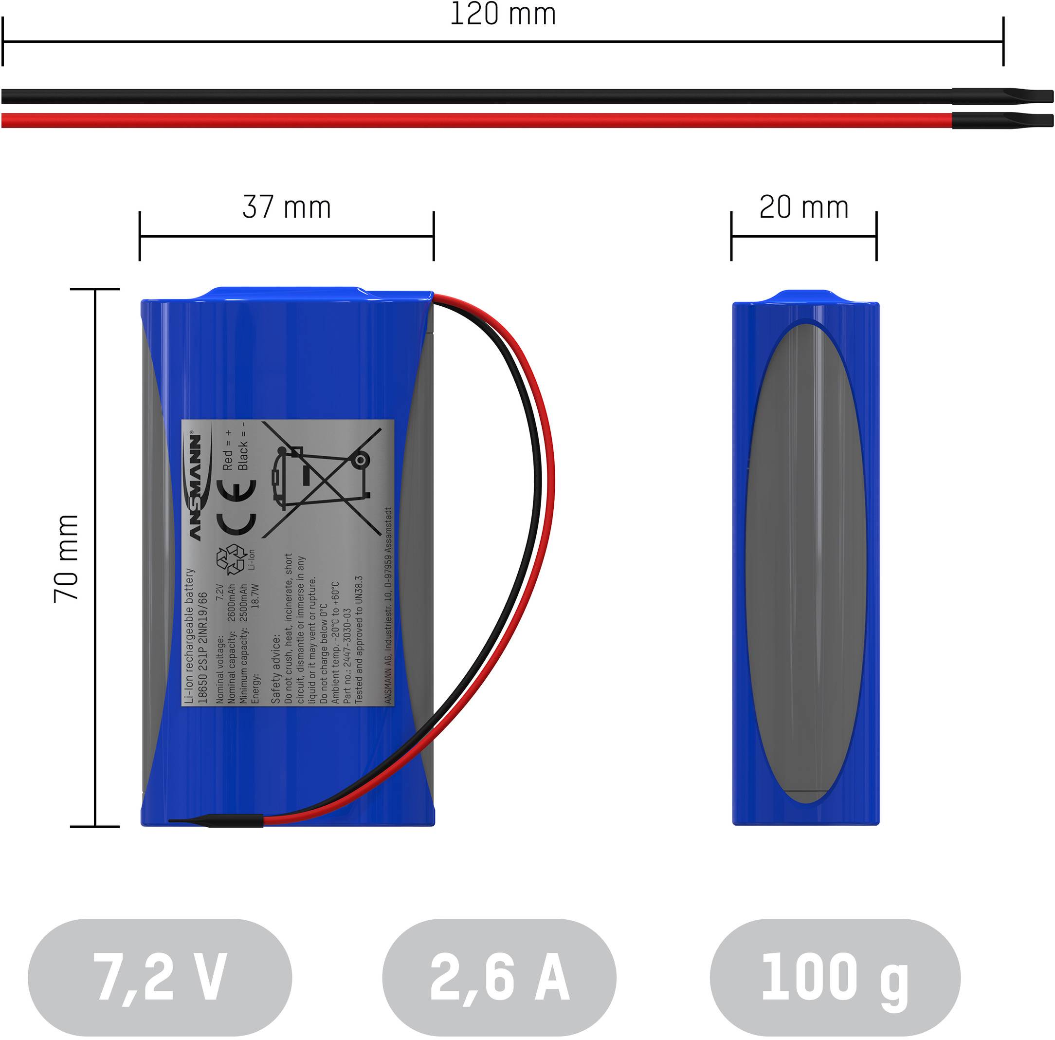 Pacco batteria 2x 18650 Ansmann 2S1P con cavo Li-Ion 7.4 V 2600 mAh-3