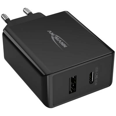 Caricabatterie USB nero lucido con due porte: una porta USB-C e una porta USB-A. Potenza da 45 watt.
