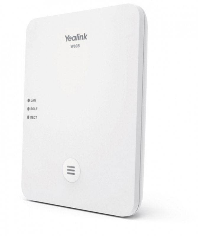 Un modulo base Yealink W80B DECT con spie LED per LAN, ROLE e DECT. Design bianco e minimale, adatto al montaggio a parete.