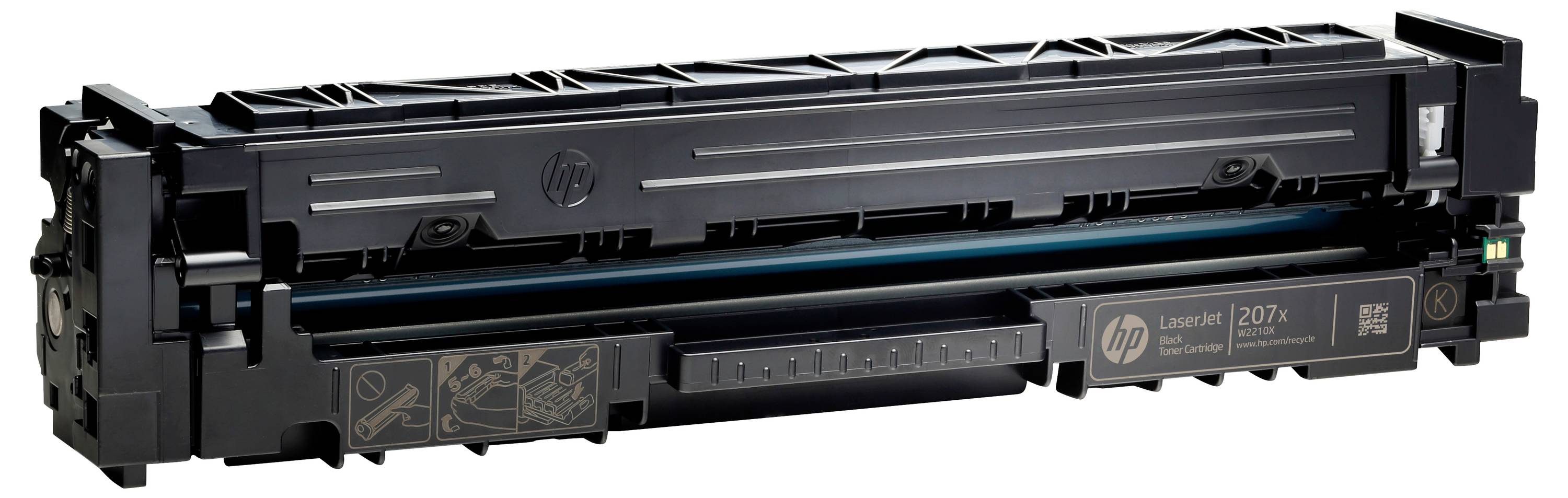 Cartuccia di toner HP LaserJet 207A mostrata in nero, con il logo HP e l'etichetta del modello visibili sul lato.
