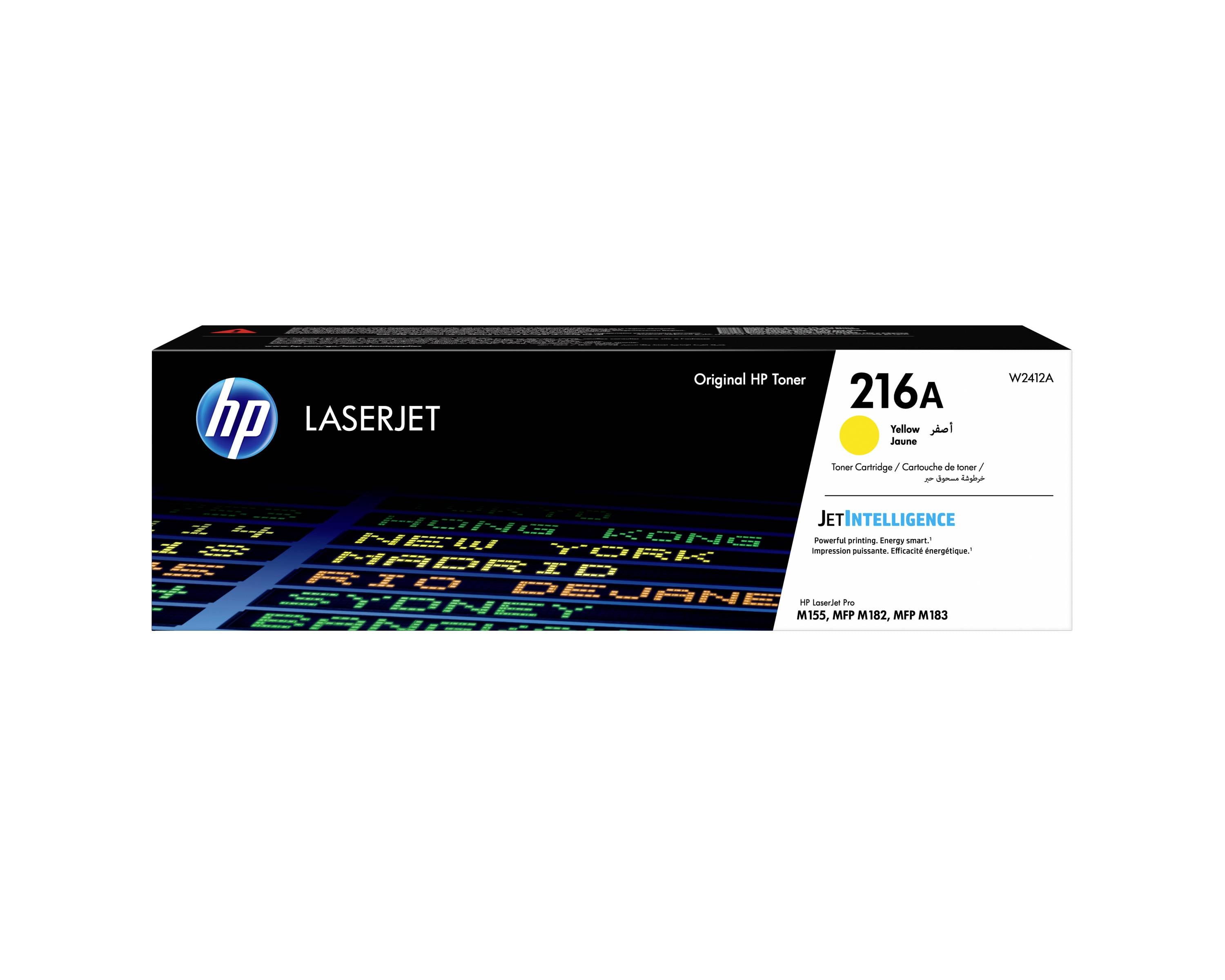 Cartuccia di toner giallo originale HP LaserJet 216A, confezione etichettata W2412A, con marchio JetIntelligence.