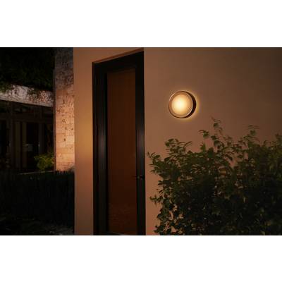 Una lampada rotonda illumina una parete accanto a una porta in un edificio. Primo piano con un cespuglio, sullo sfondo un'altra parte dell'edificio.