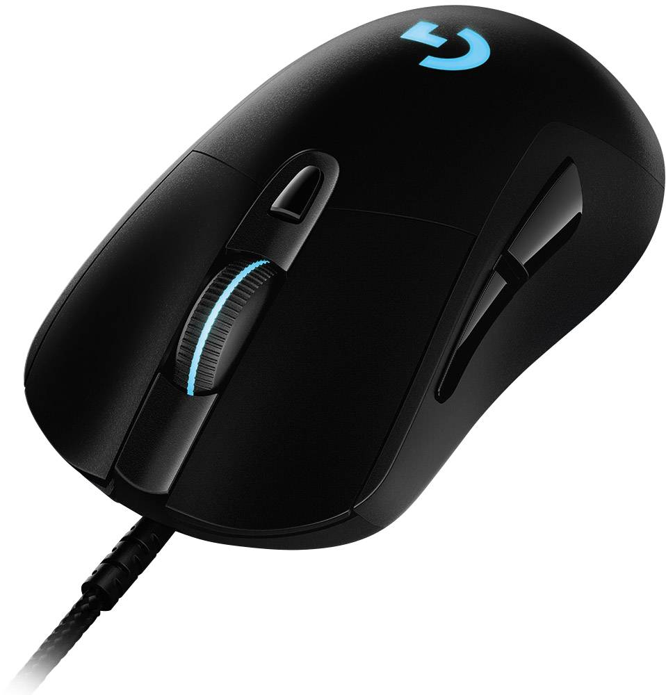 Mouse da gaming nera con rotella illuminata e tasti laterali, adatta per videogiochi su PC.