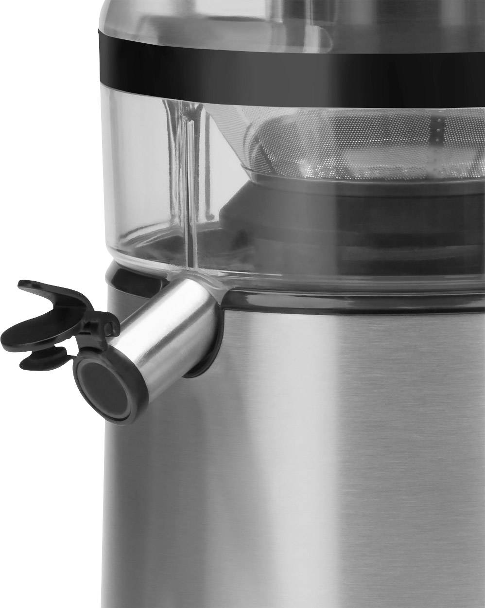 Estrattore di succo in acciaio inossidabile con beccuccio integrato e contenitore trasparente, idoneo per la preparazione di succhi freschi di frutta e verdura.