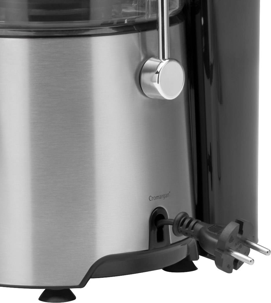 Nell'immagine è visibile la parte inferiore di un robot da cucina con dettagli argentati e neri e un cavo di alimentazione collegato.