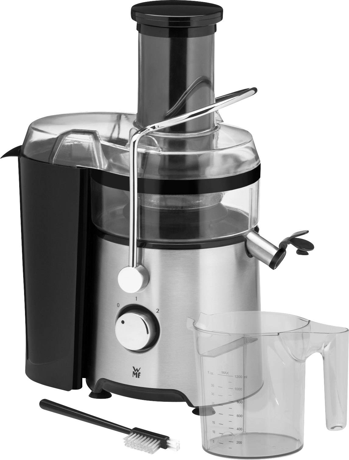 Estrattore elettrico in acciaio inossidabile con due velocità, beccuccio di scarico e caraffa trasparente per succo fresco.