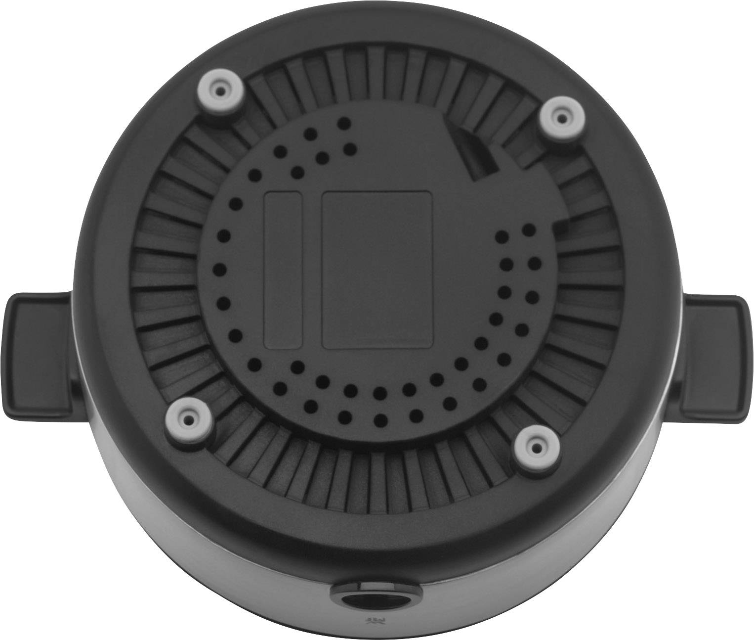Un bollitore elettrico rotondo visto dall'alto, con una base rimovibile che presenta quattro punti di fissaggio e aperture di ventilazione.