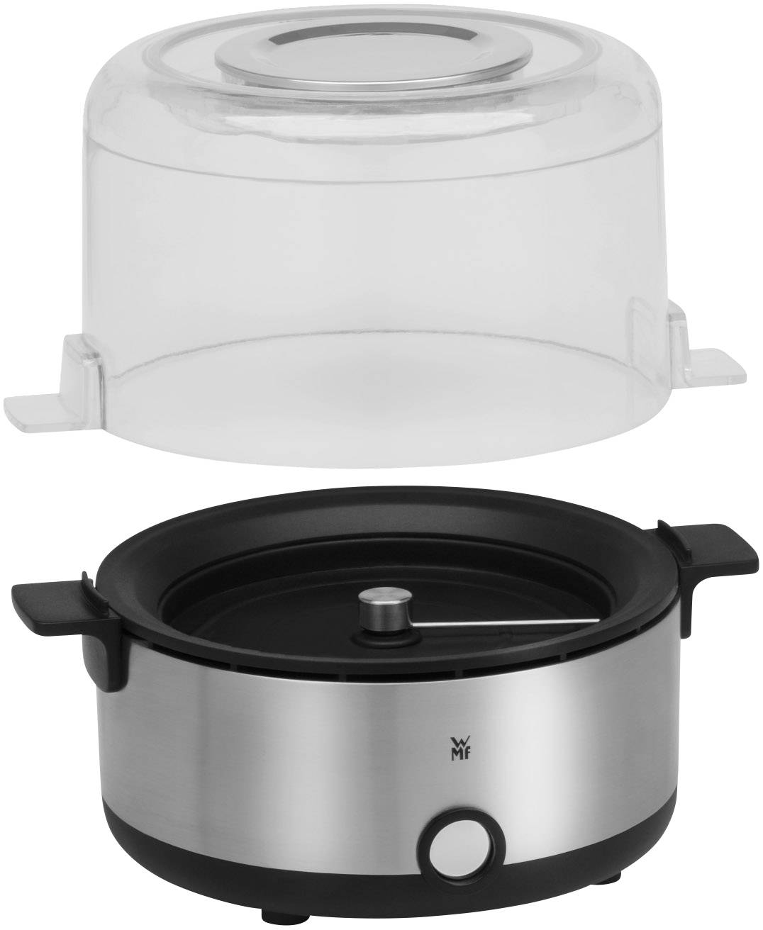 Una teglia rotonda in acciaio inox con manici e un coperchio trasparente in plastica, adatta per cuocere o conservare gli alimenti.