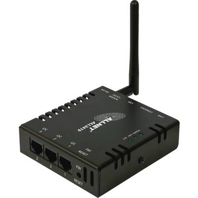 Un router WLAN nero con tre porte Ethernet, un'antenna e diversi indicatori luminosi, tra cui un indicatore di stato operativo.
