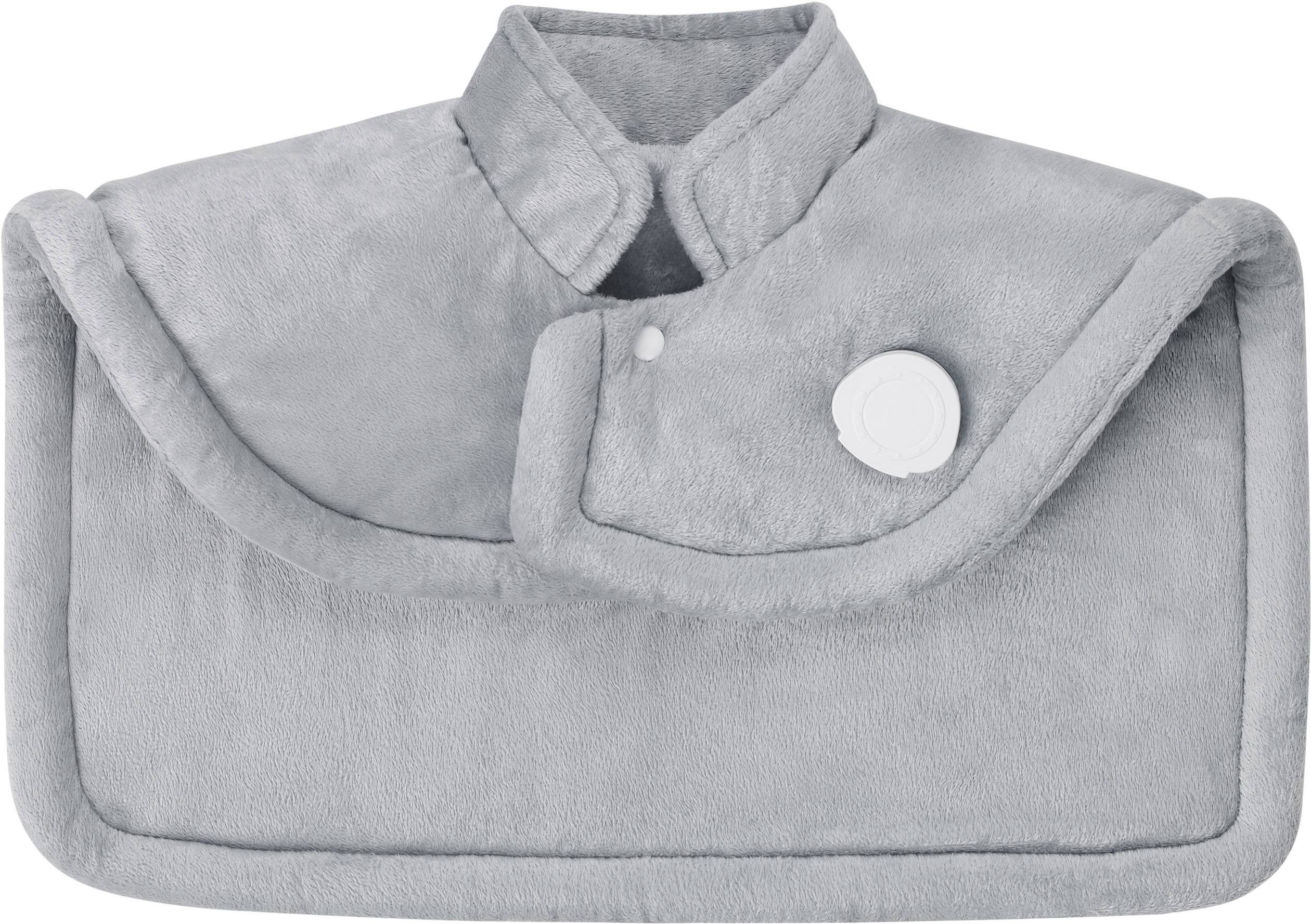 Cuscino grigio per il collo in morbido peluche, con colletto alto e chiusura a bottoni, progettato per comfort e calore.
