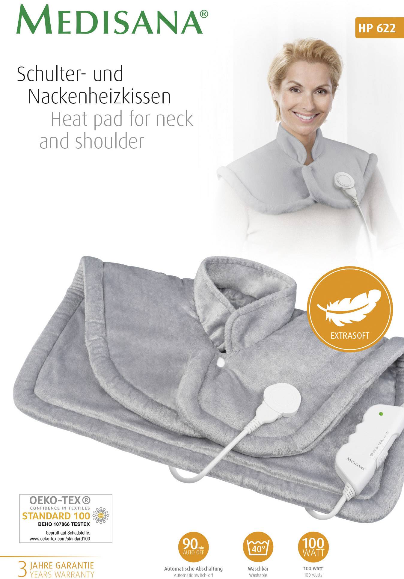 Cuscino riscaldante Medisana per spalle e collo raffigurato con una persona sorridente che indossa il cuscino grigio. Extrasoft, certificato OEKO-TEX Standard 100, 3 anni di garanzia.