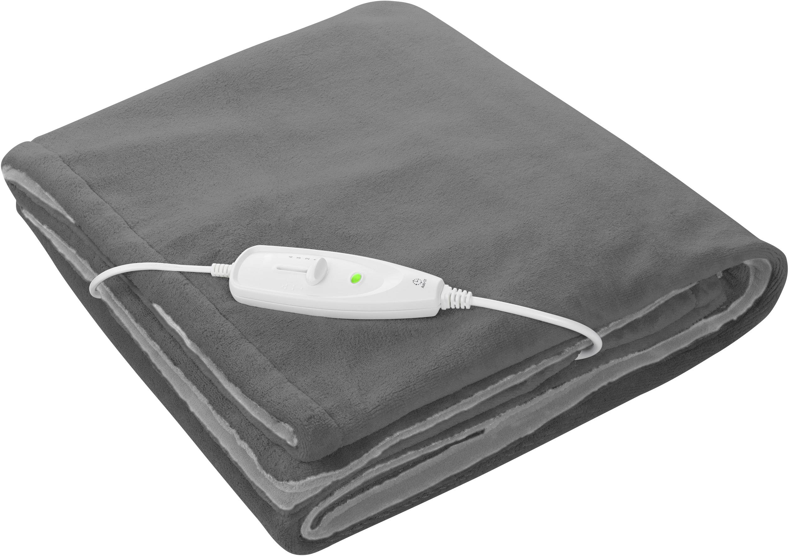 Coperta termica grigia e pieghettata con un'unità di controllo bianca per la regolazione della temperatura.