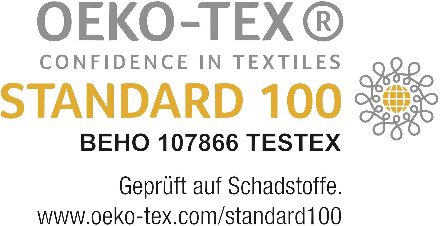 Certificato 'OEKO-TEX Standard 100' con logo e numero di prova BEHO 107866 TESTEX, con la nota: Testato per sostanze nocive.