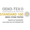 Certificato 'OEKO-TEX Standard 100' con logo e numero di prova BEHO 107866 TESTEX, con la nota: Testato per sostanze nocive.