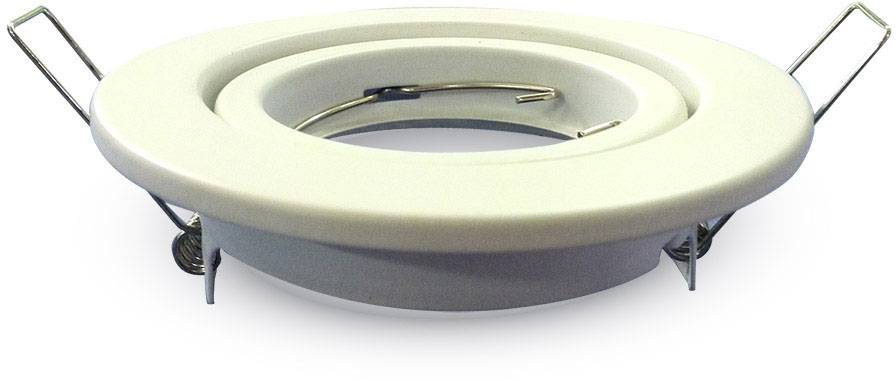 Faretto da incasso bianco con clip a molla per il montaggio a soffitto, adatto per lampadine rotonde.