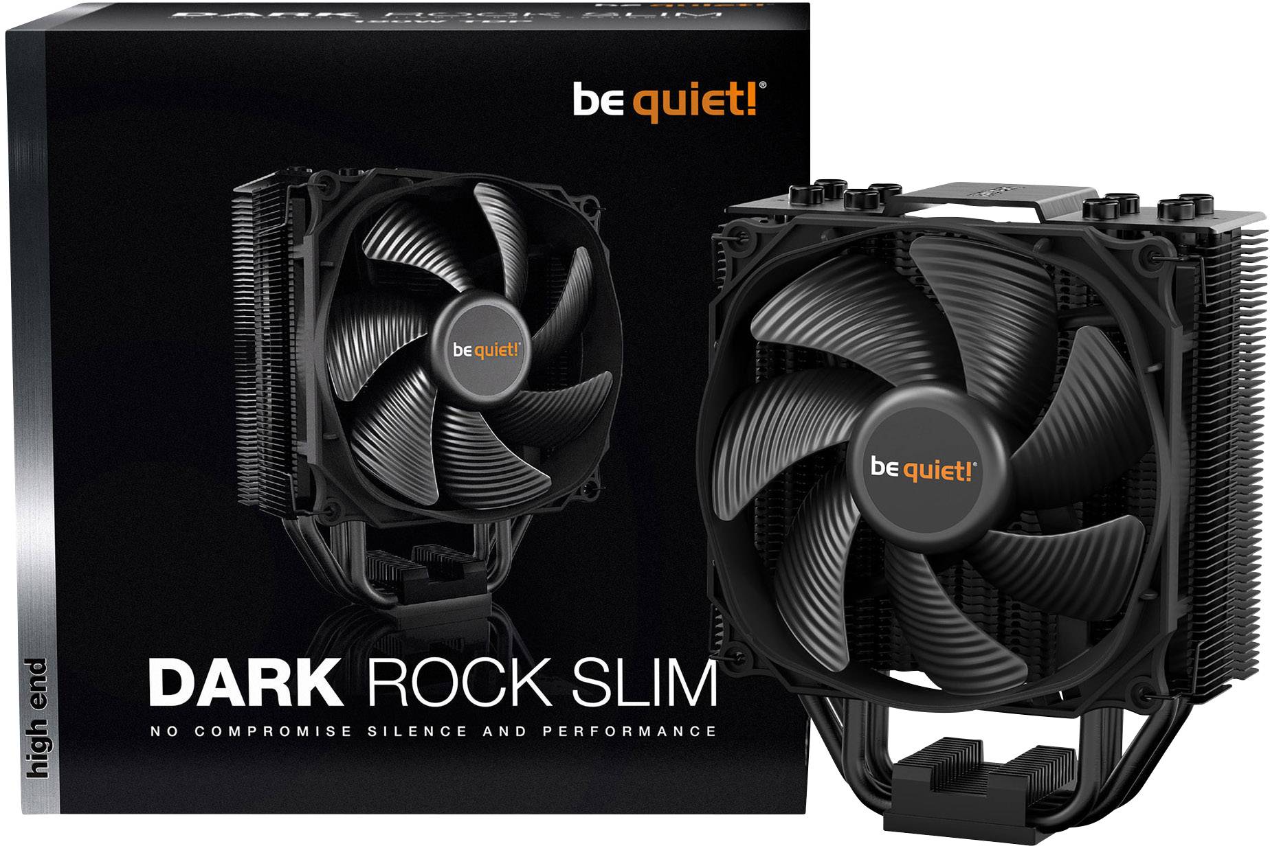 Dissipatore CPU nero di be quiet! con quattro heatpipe e un grande ventilatore. La confezione accanto al dissipatore mostra quest'ultimo in alta qualità.