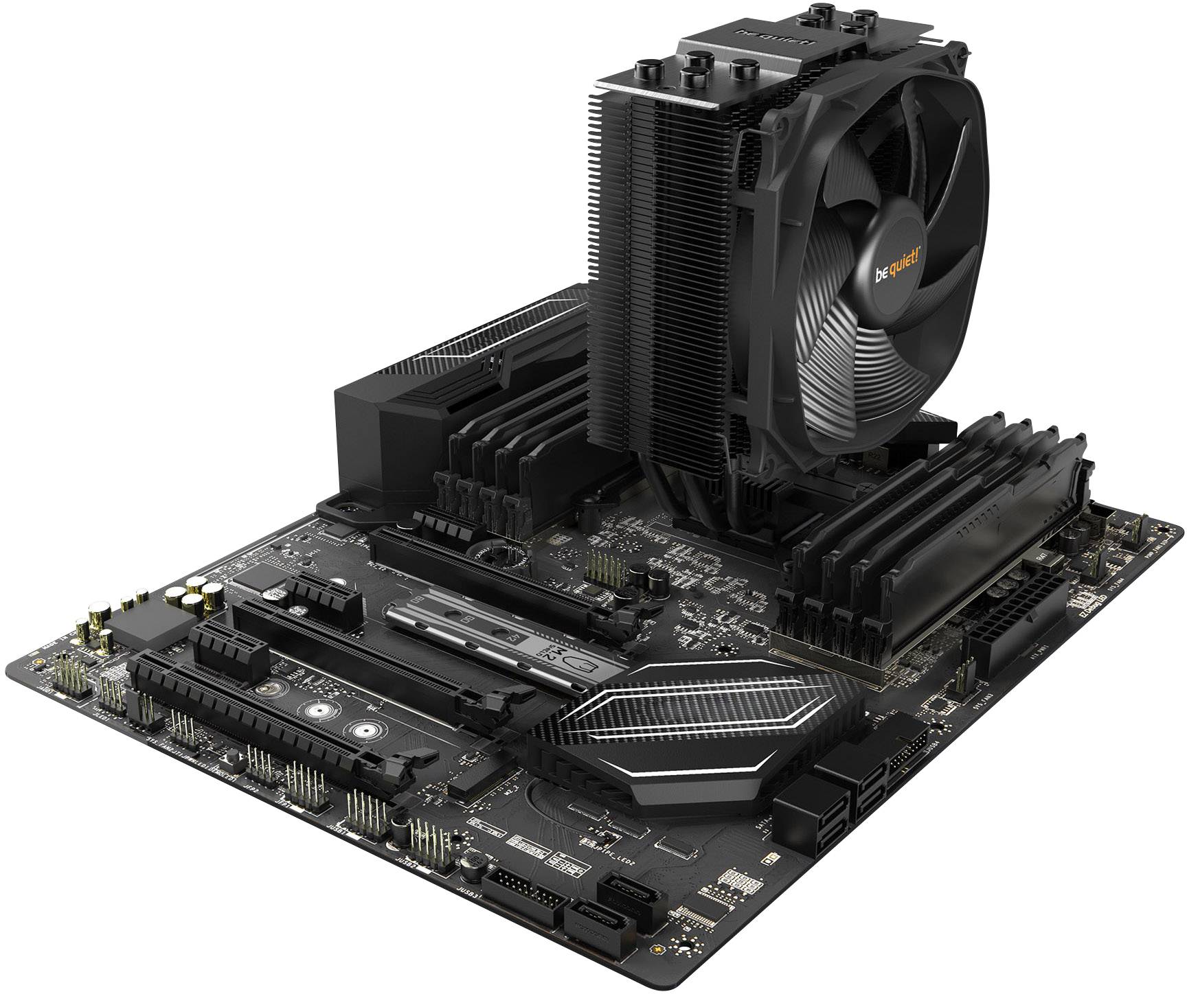 In figura è raffigurata una scheda madre con un dissipatore di calore della CPU installato. Mostra diversi porte e slot per componenti.