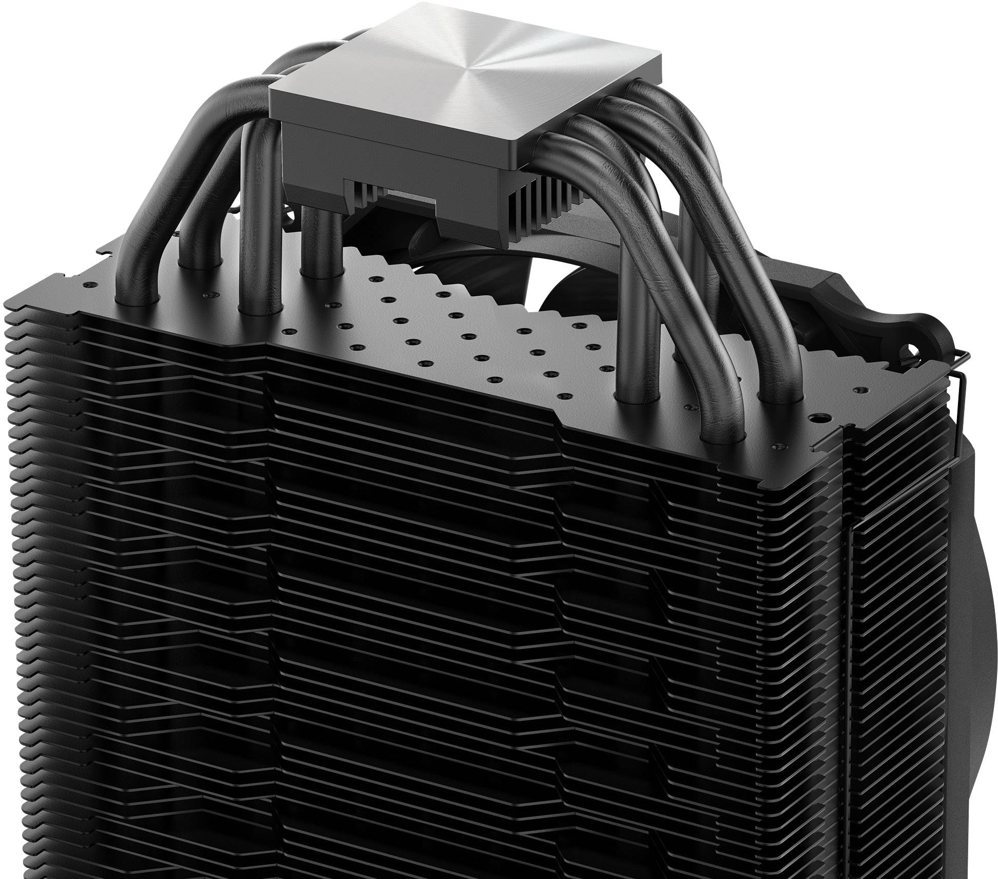 Un dissipatore di calore nero per CPU con più alette metalliche e heat pipe per la dissipazione del calore.