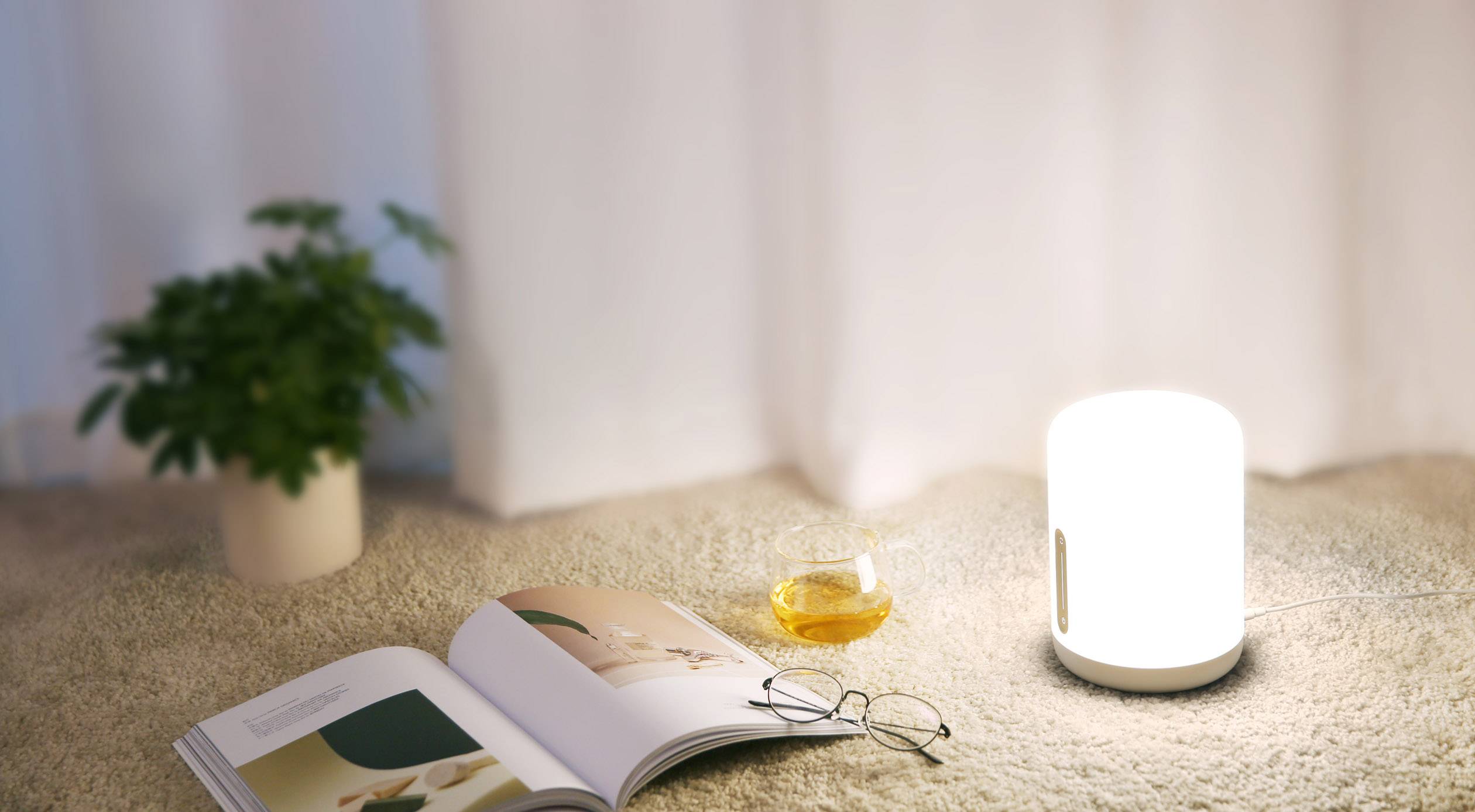 Un libro aperto, una tazza di tè e una lampada accesa poggiano su un tappeto; una pianta sullo sfondo.